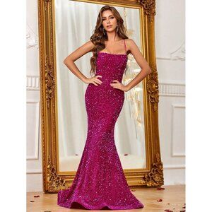 Faeriesty Spaghetti Strap Lace Up Back Sequin Mermaid Dress Hot Pink Size L